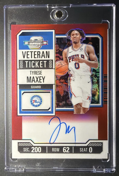 2023-24 Panini Contenders Optic Tyrese Maxey #10 Veteran Ticket Auto Red 46/49