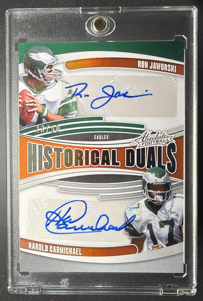 2025 Panini Absolute Ron Jaworski Harold Carmichael #HDU-PHI Dual Orange /50 Auto