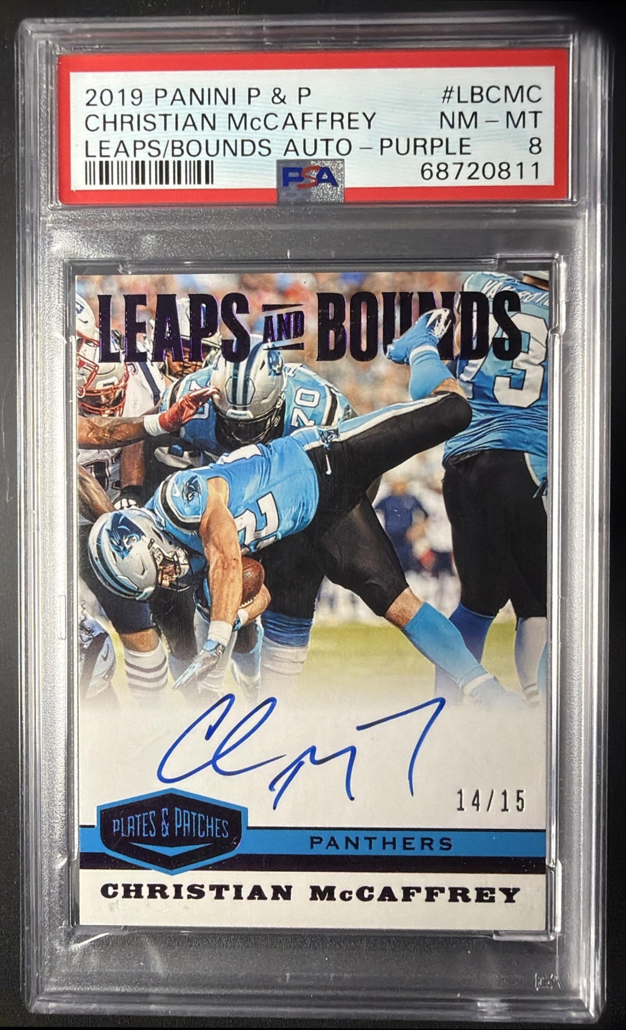 2019 Panini Plates & Patches Christian Mccaffrey Purple Auto 14/15 PSA 8