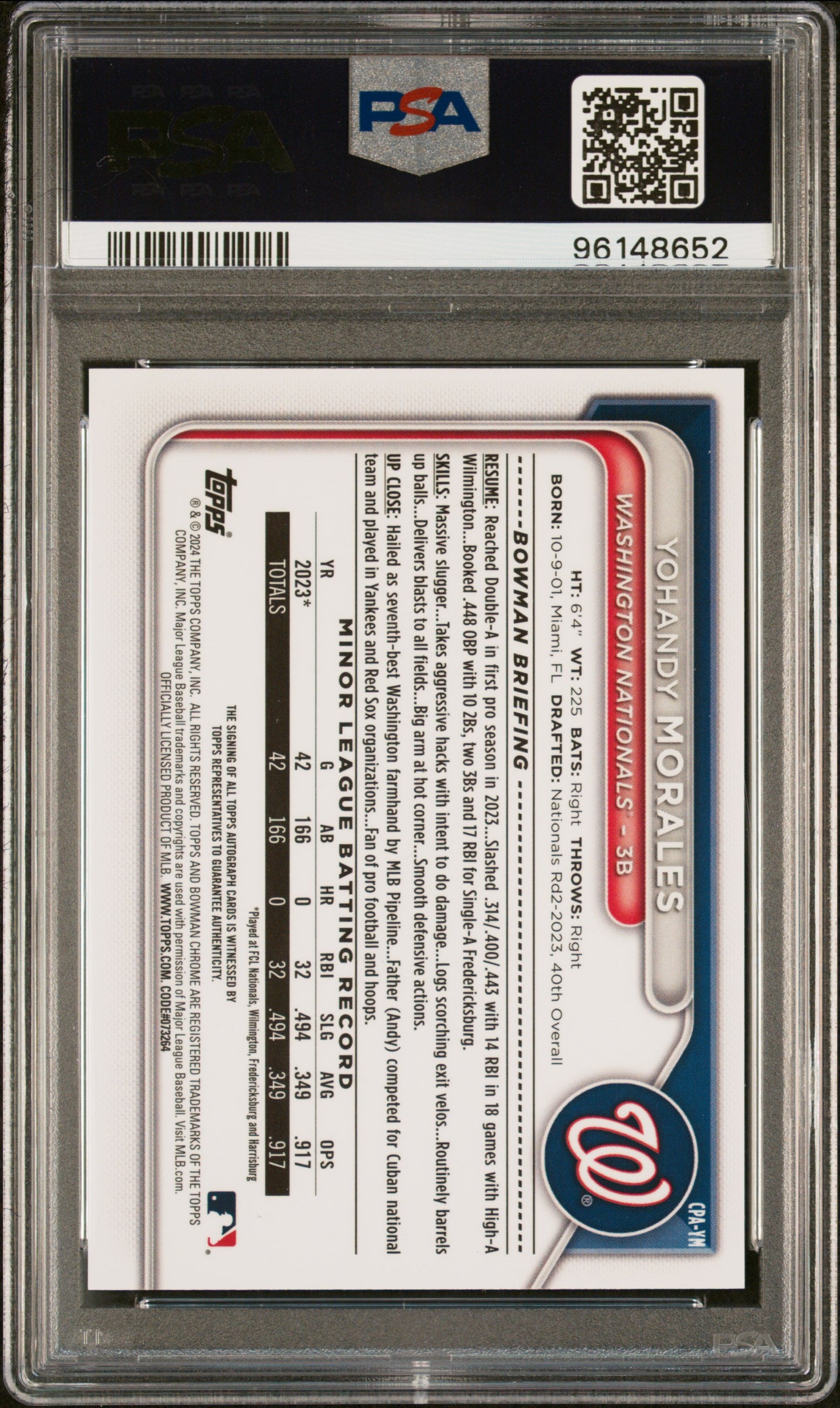 2024 Bowman Yohandy Morales Mini Diamond Refractor 076/100 PSA 10