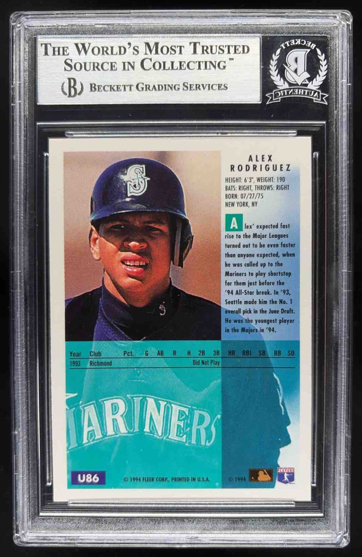 1994 Fleer Update Alex Rodriguez #U86 RC BGS Auth