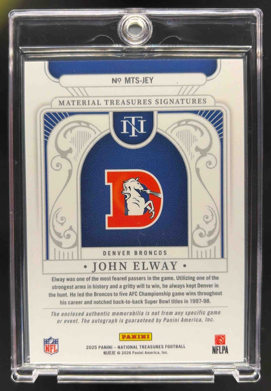 2025 Panini National Treasures John Elway #MTS-JEY Material Signatures /49 MEM Auto