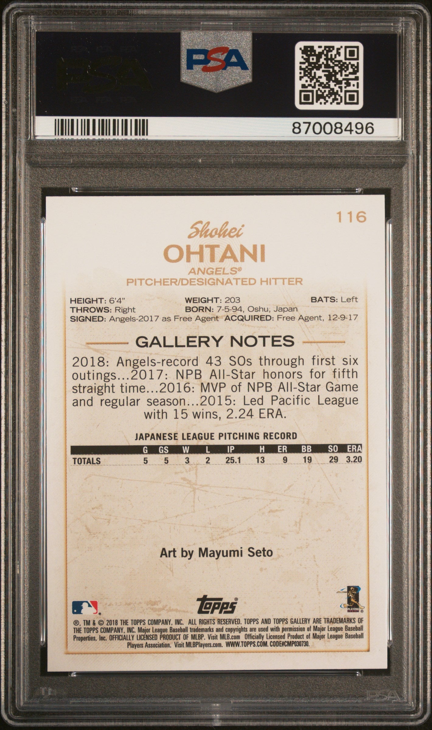 2018 Topps Gallery Shohei Ohtani Rookie PSA 10