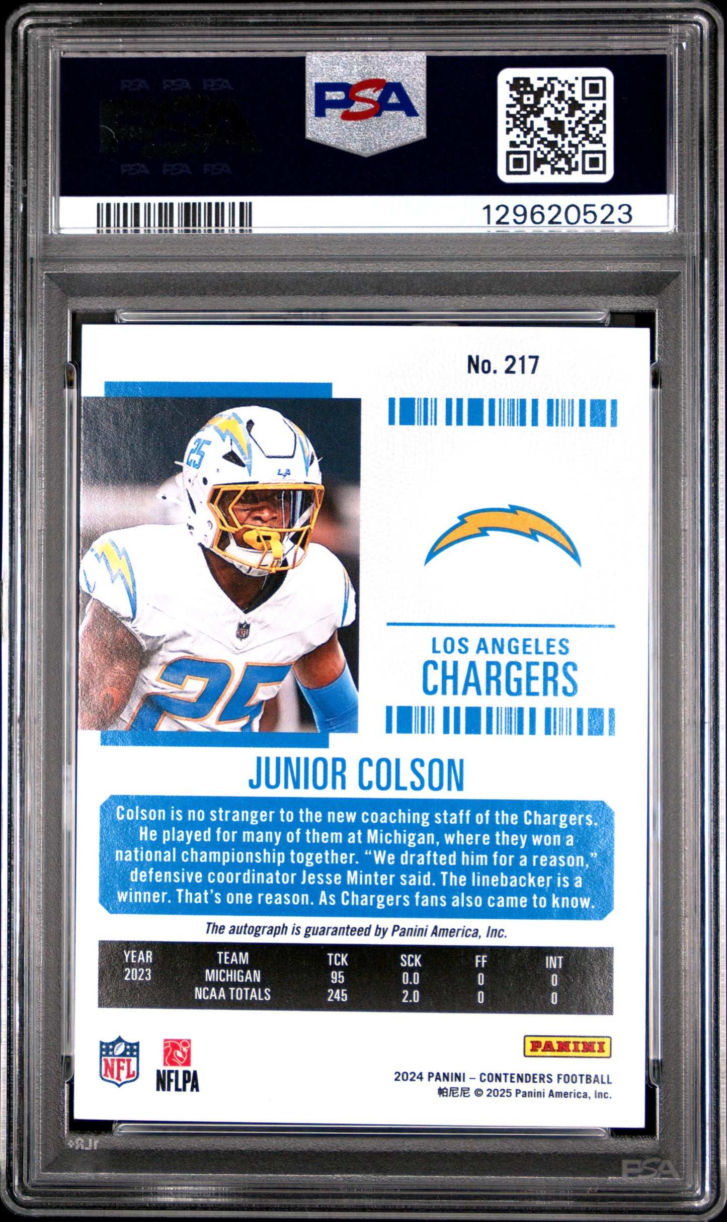 2024 Panini Contenders Junior Colson #217 Rookie Ticket Auto Cracked Ice /25 RC PSA 10