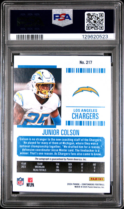 2024 Panini Contenders Junior Colson #217 Rookie Ticket Auto Cracked Ice /25 RC PSA 10