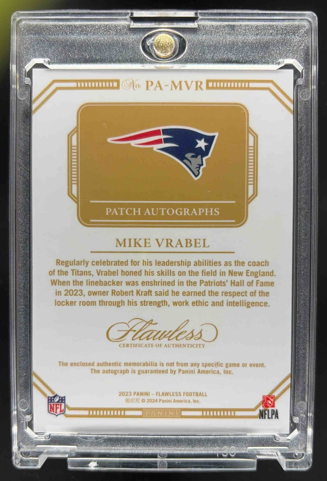 2023 Panini Flawless Mike Vrabel #PA-MVR Patch Auto Sapphire 1/10 MEM Patriots