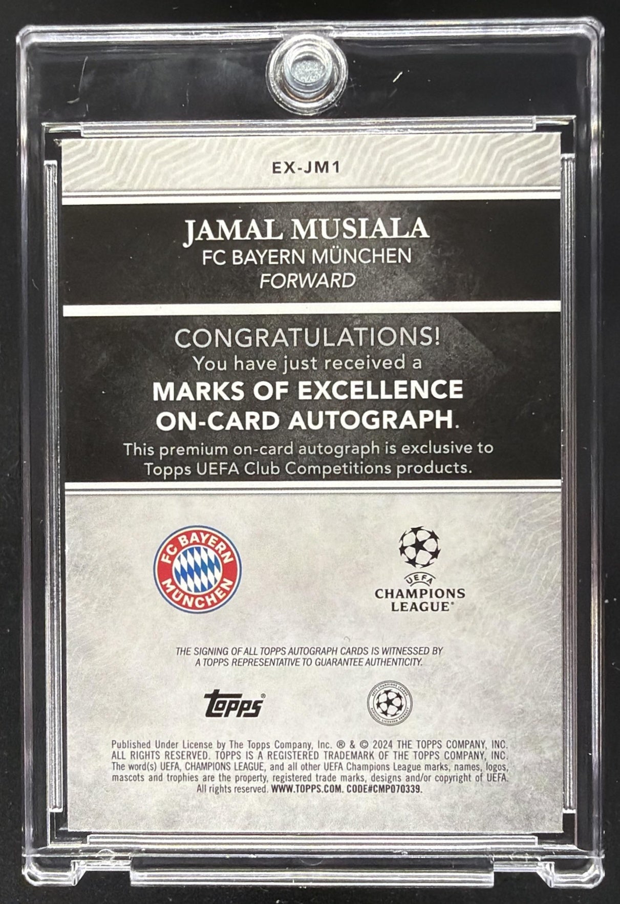 2024 Topps Chrome UEFA Club Jamal Musiala #EX-JM1 Marks of Excellence Auto Gold /50