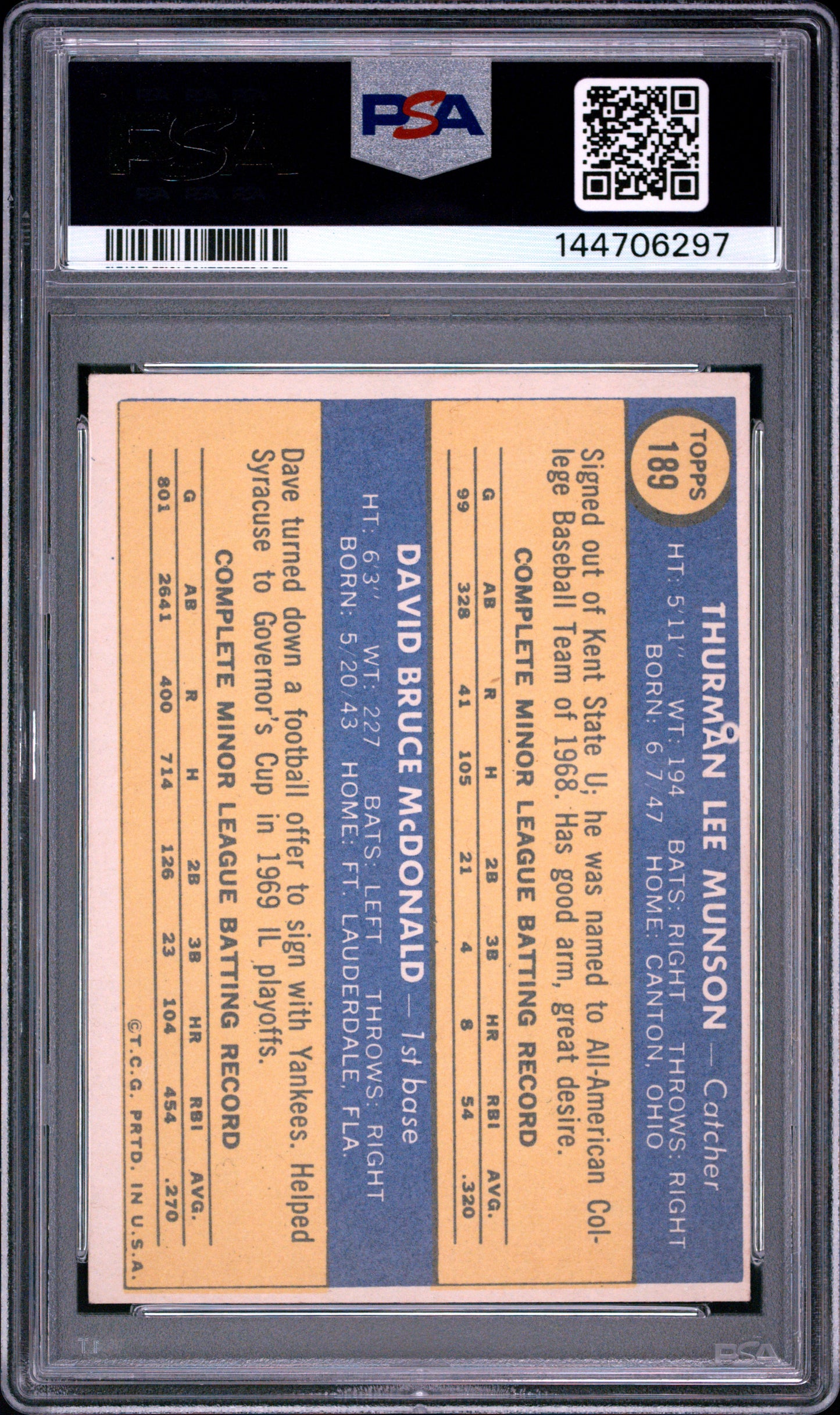 1970 Topps Yankees Rookie Stars Thurman Munson Dave McDonald #189 RC PSA 4
