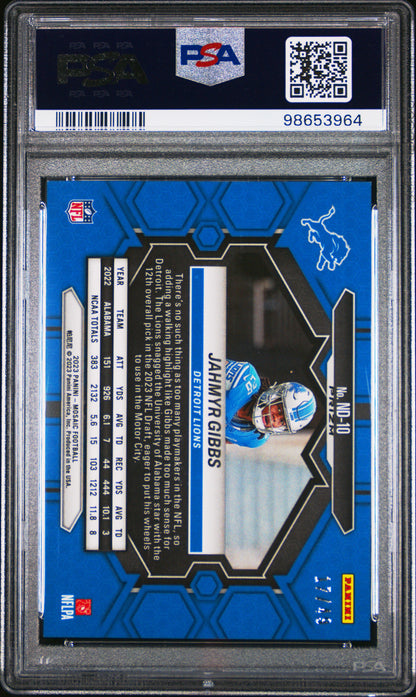 2023 Panini Mosaic Jahmyr Gibbs #ND-10 NFL Debut Purple 17/49 PSA 9