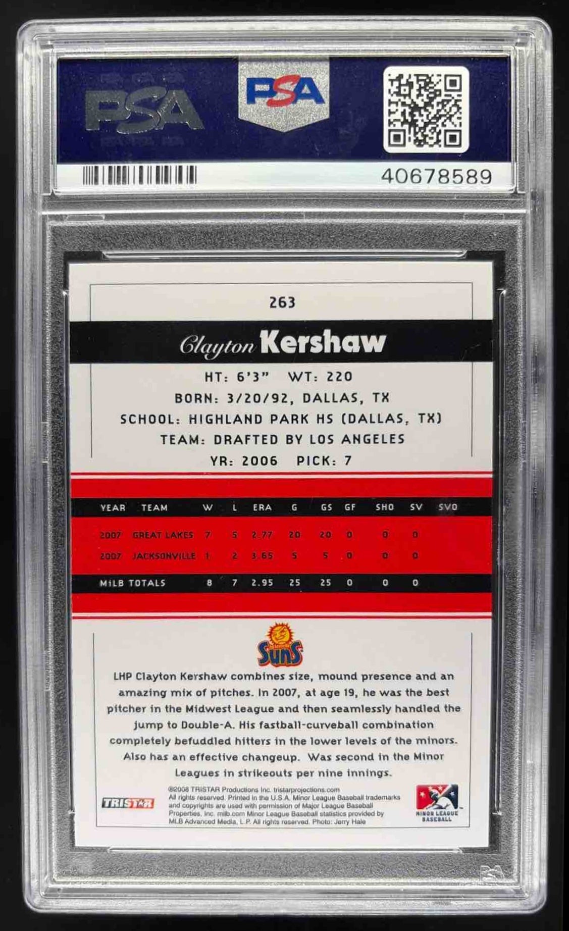 2008 Tristar Projections Clayton Kershaw #7 Rookie RC PSA 9