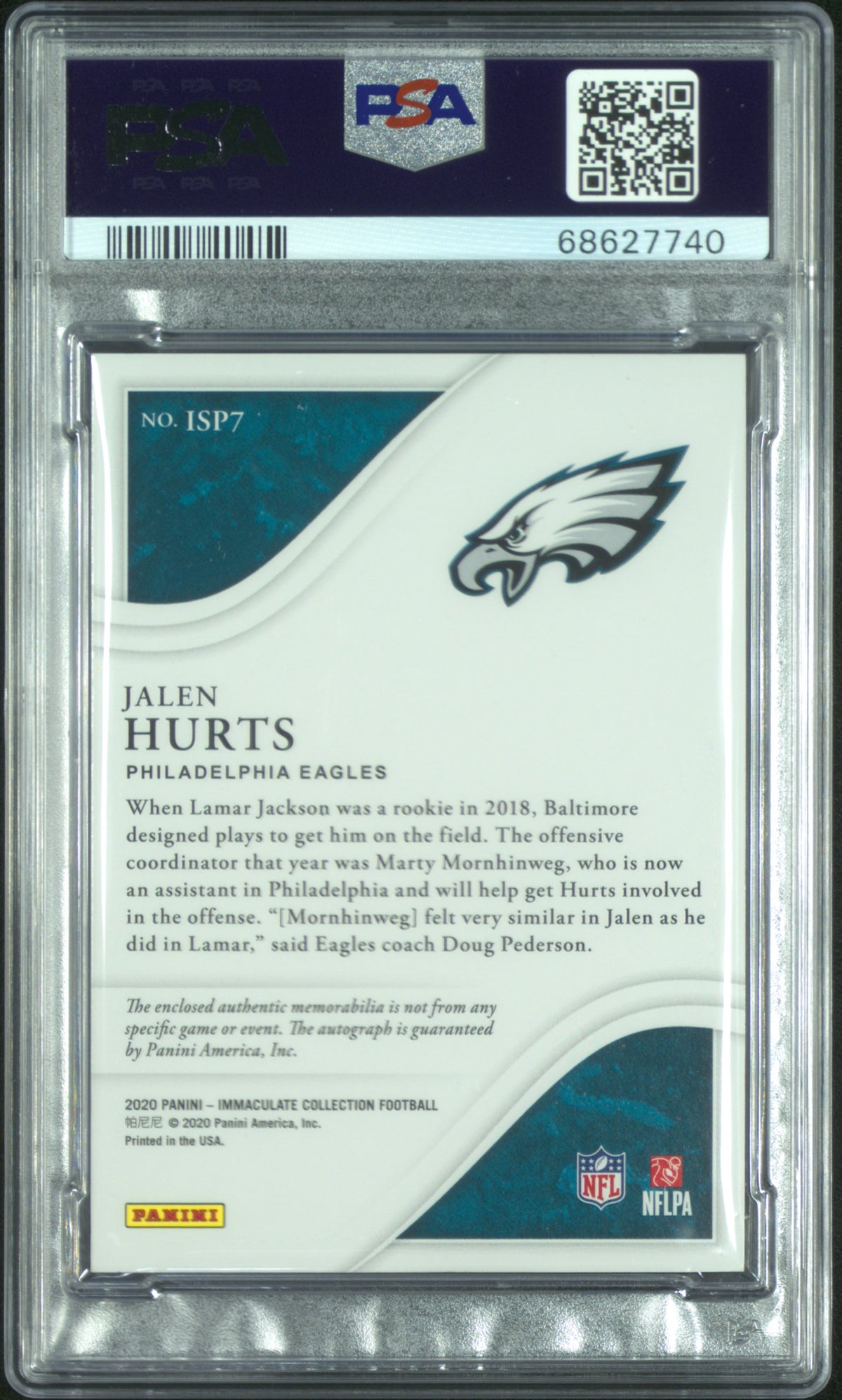 2020 Panini Immaculate Collection Jalen Hurts #ISP7 Patch Auto /99 RC PSA 8