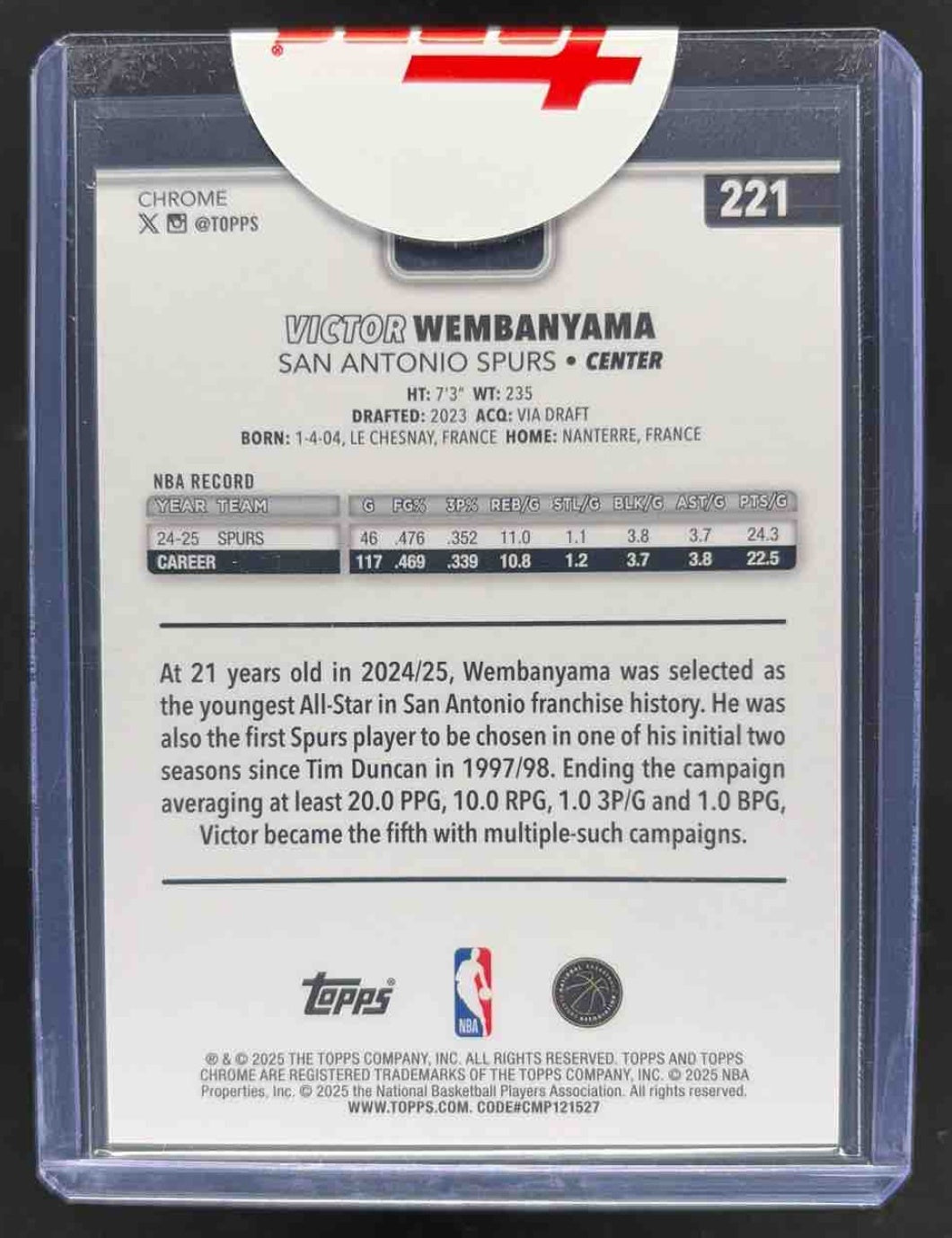 2025-26 Topps Chrome Victor Wembanyama #221 Blue Xfractor