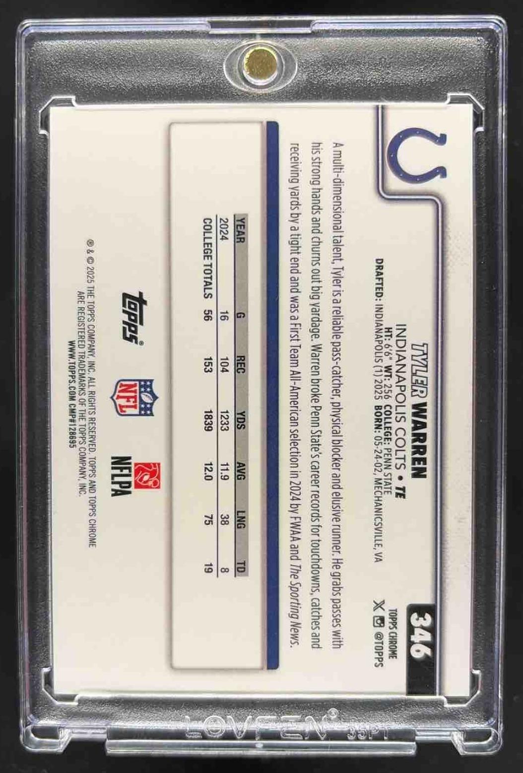 2025 Topps Chrome Tyler Warren #346 Rookie Etch Gold /50 RC SSP