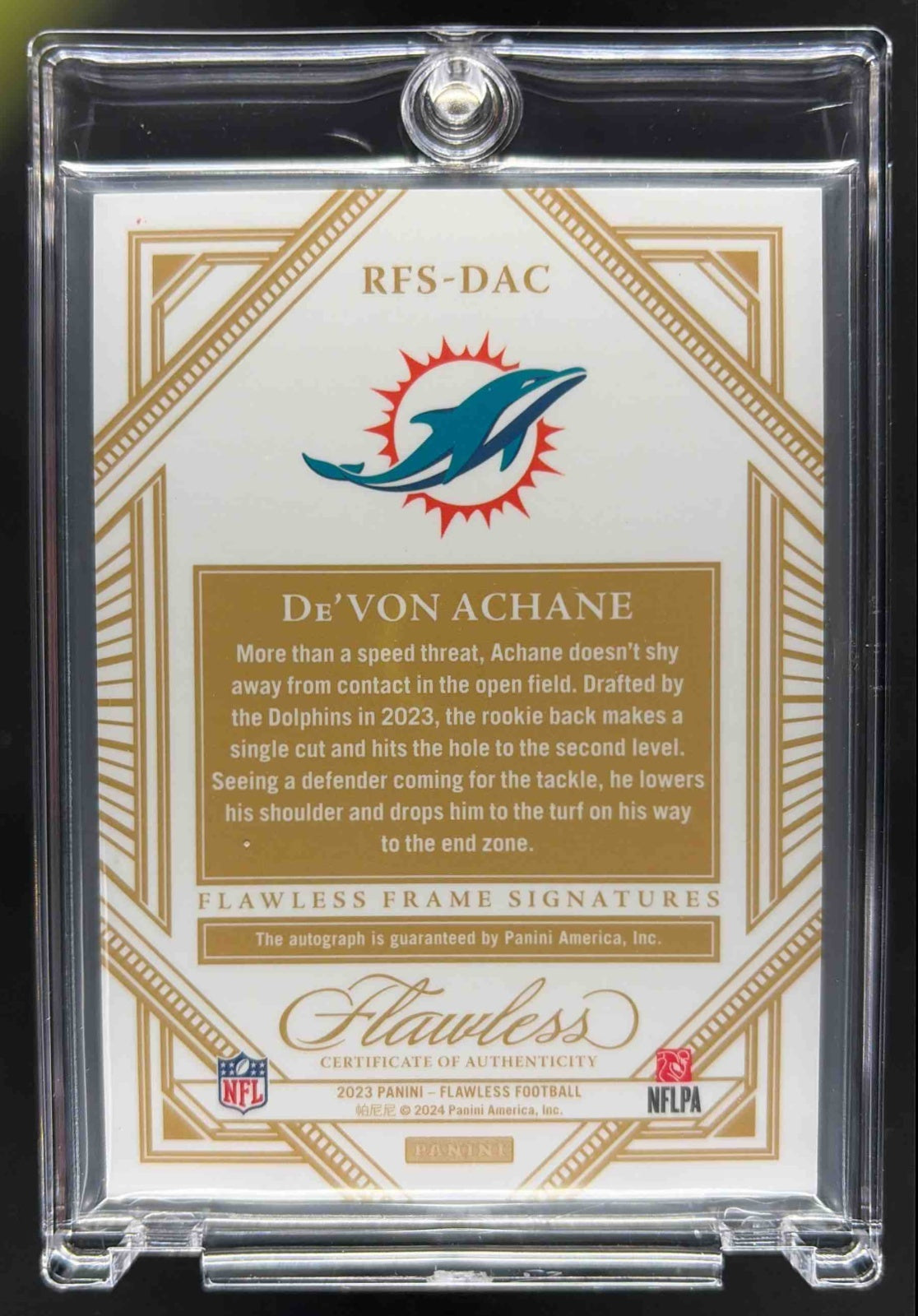 2023 Panini Flawless De'Von Achane #2 Rookie Signatures Ruby Auto /15