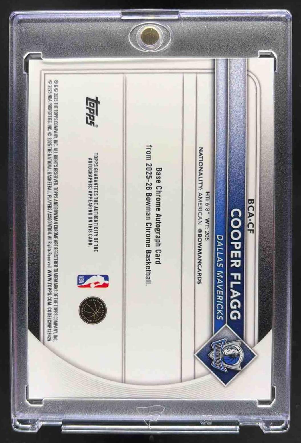 2025-26 Bowman Cooper Flagg #BCA-CF Chrome Auto Speckle Refractor 70/299 RC