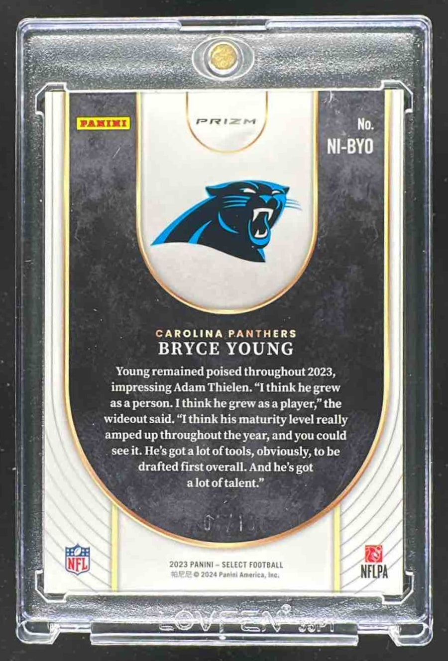 2023 Panini Select Bryce Young #NI-BYO Neon Icons Gold Prizm 0/10 RC Panthers