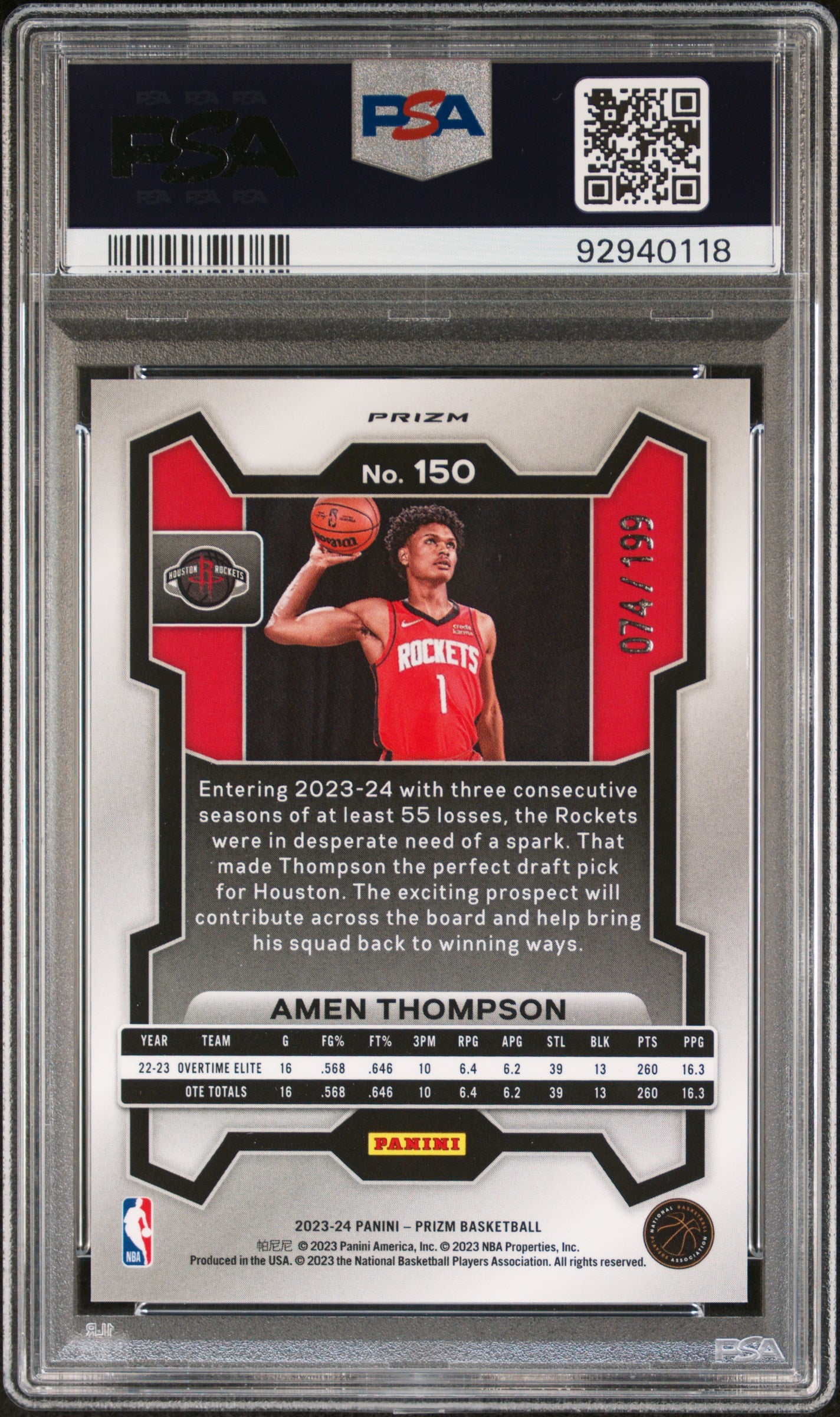 2023 Prizm Amen Thompson Blue Rookie /199 PSA 9 RC