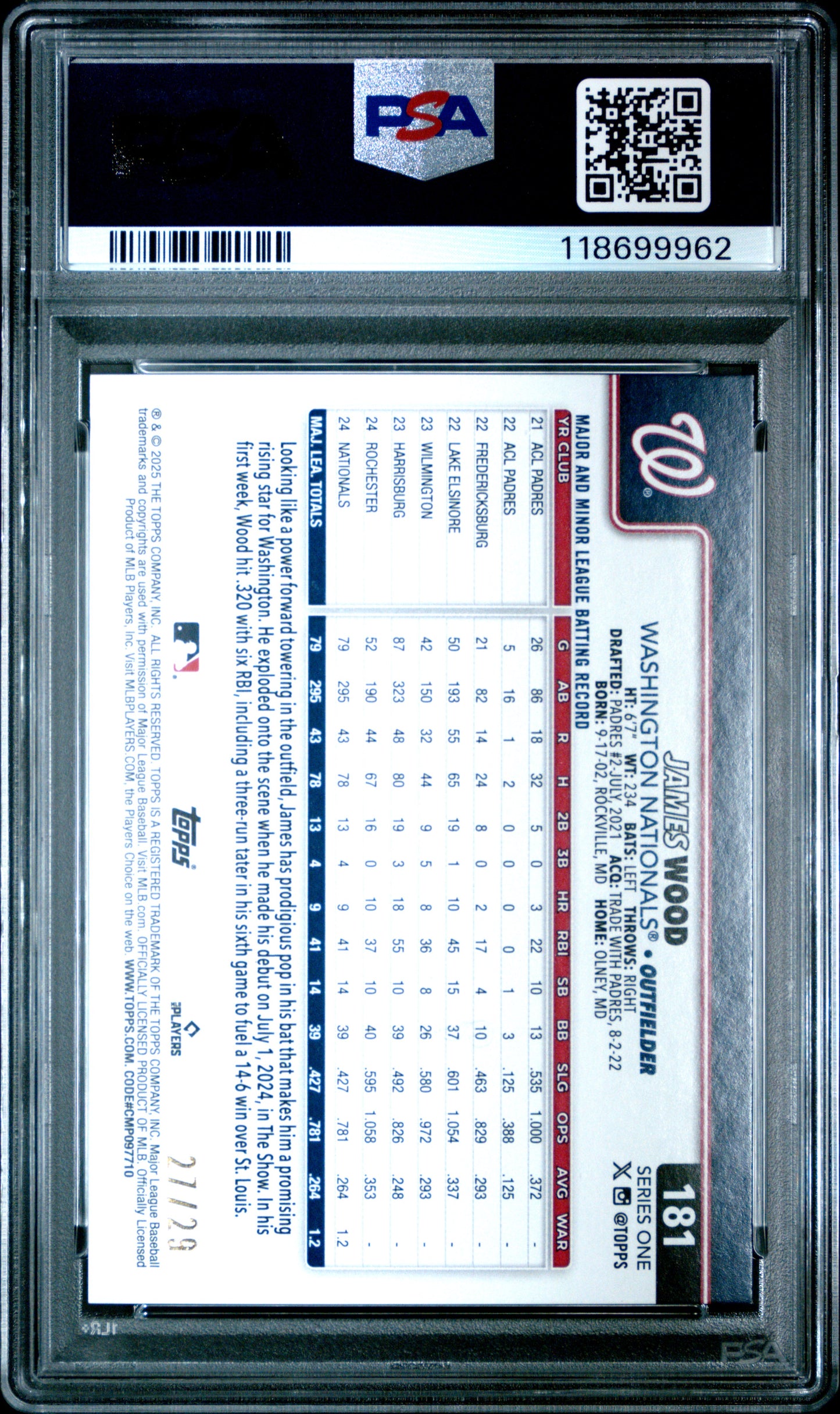 2025 Topps James Wood #181 Player Number Variation 27/29 Nationals PSA 8.5