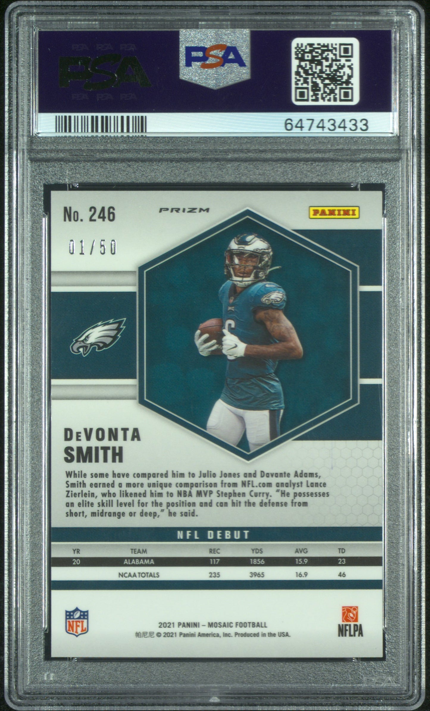 2021 Mosaic Devonta Smith Purple No Huddle Disco 1/50 Rookie PSA 10