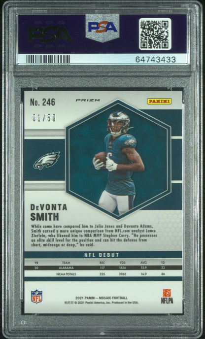 2021 Mosaic Devonta Smith Purple No Huddle Disco 1/50 Rookie PSA 10