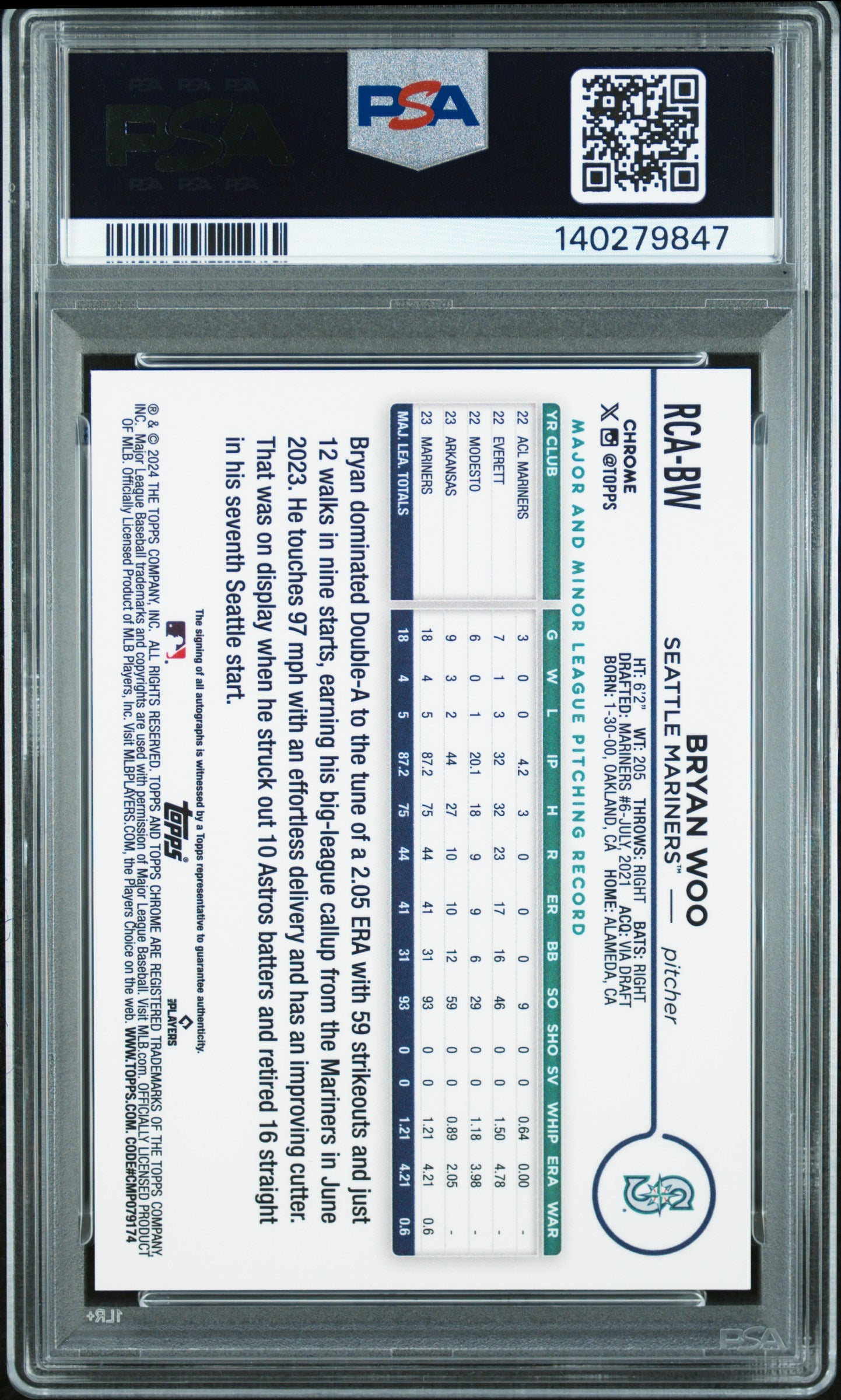 2024 Topps Chrome Logofractor Bryan Woo Refractor Auto Gold /50 RC PSA 9