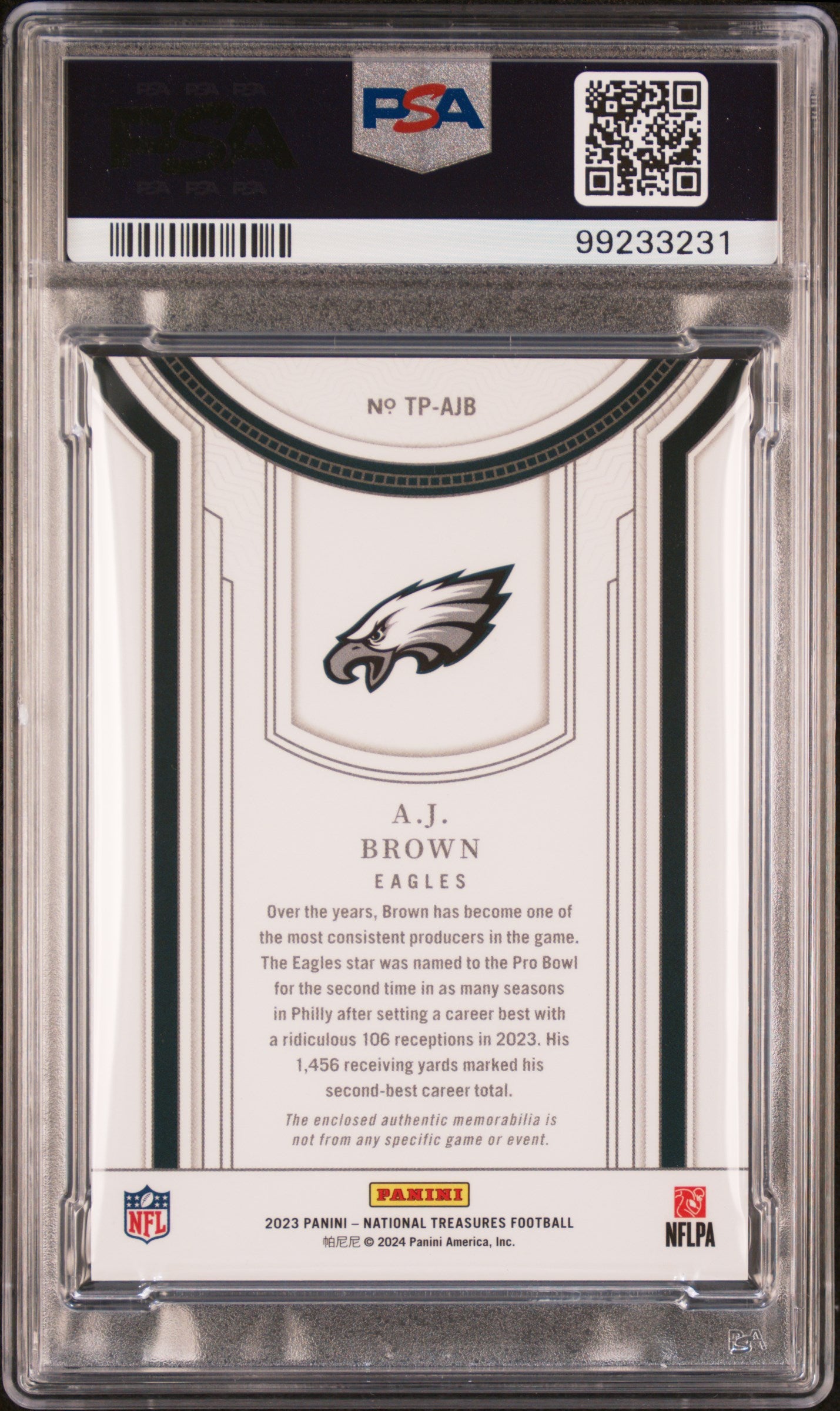 2023 National Treasures A.J. Brown Treasured Patch 10/10 PSA 8