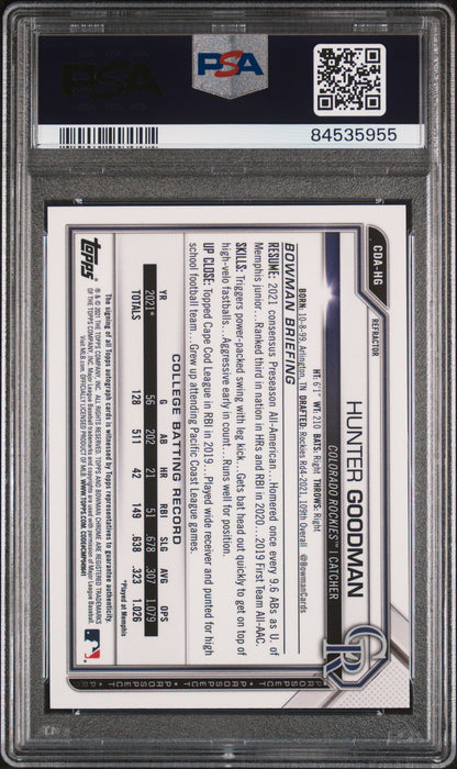 2021 Bowman Chrome Hunter Goodman Refractor Auto /499 PSA 10