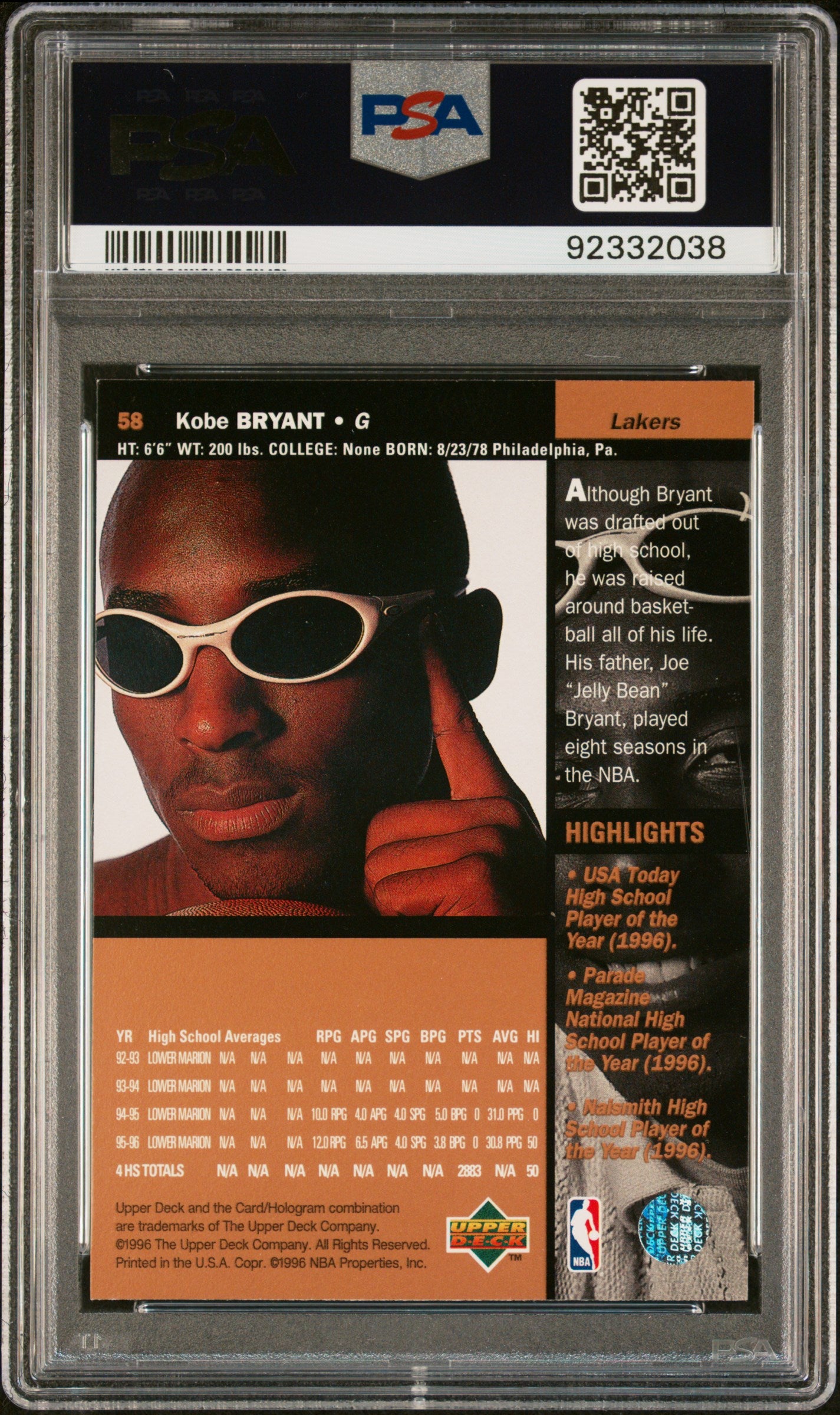 1996-97 Upper Deck Kobe Bryant #58 RC PSA 8
