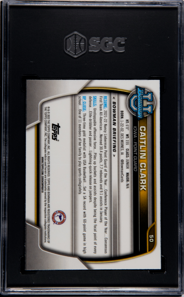 2022 Bowman Chrome University Caitlin Clark #50 Purple Shimmer Refractor SGC 9.5