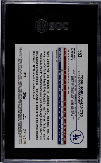 2024 Topps Yoshinobu Yamamoto #553 Green Crackle Foil 239/499 RC SGC 10