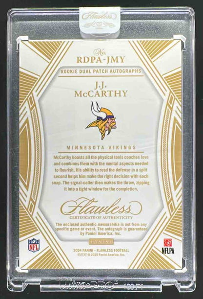2025 Panini Flawless J.J. McCarthy #29 Dual RC Patch Auto Silver 9/20 JSY #