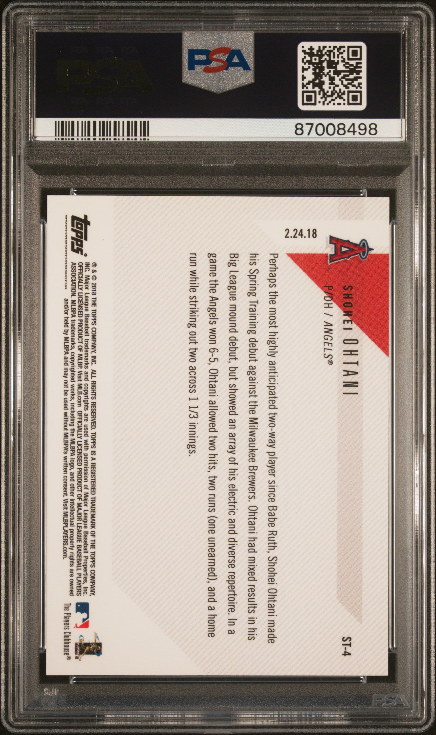 2018 Topps Now Shohei Ohtani Spring Training Rookie PSA 10