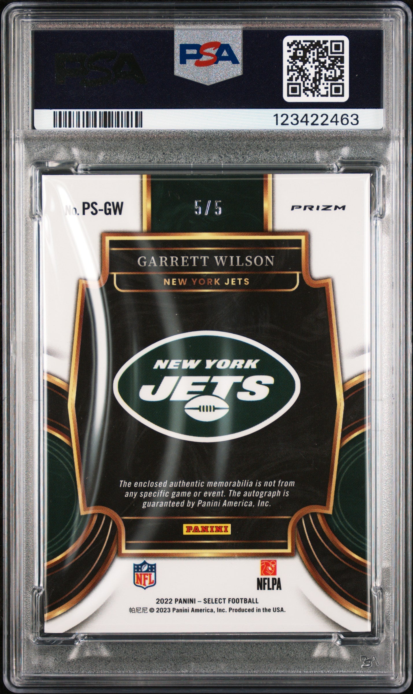 2022 Select Garrett Wilson Green Rookie Logo Patch Auto /5 PSA 9/10