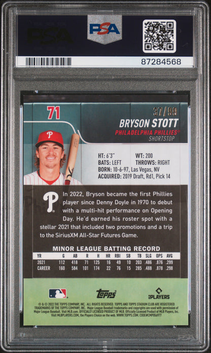 2022 Stadium Club Chrome Bryson Stott Green /99 Rookie PSA 10