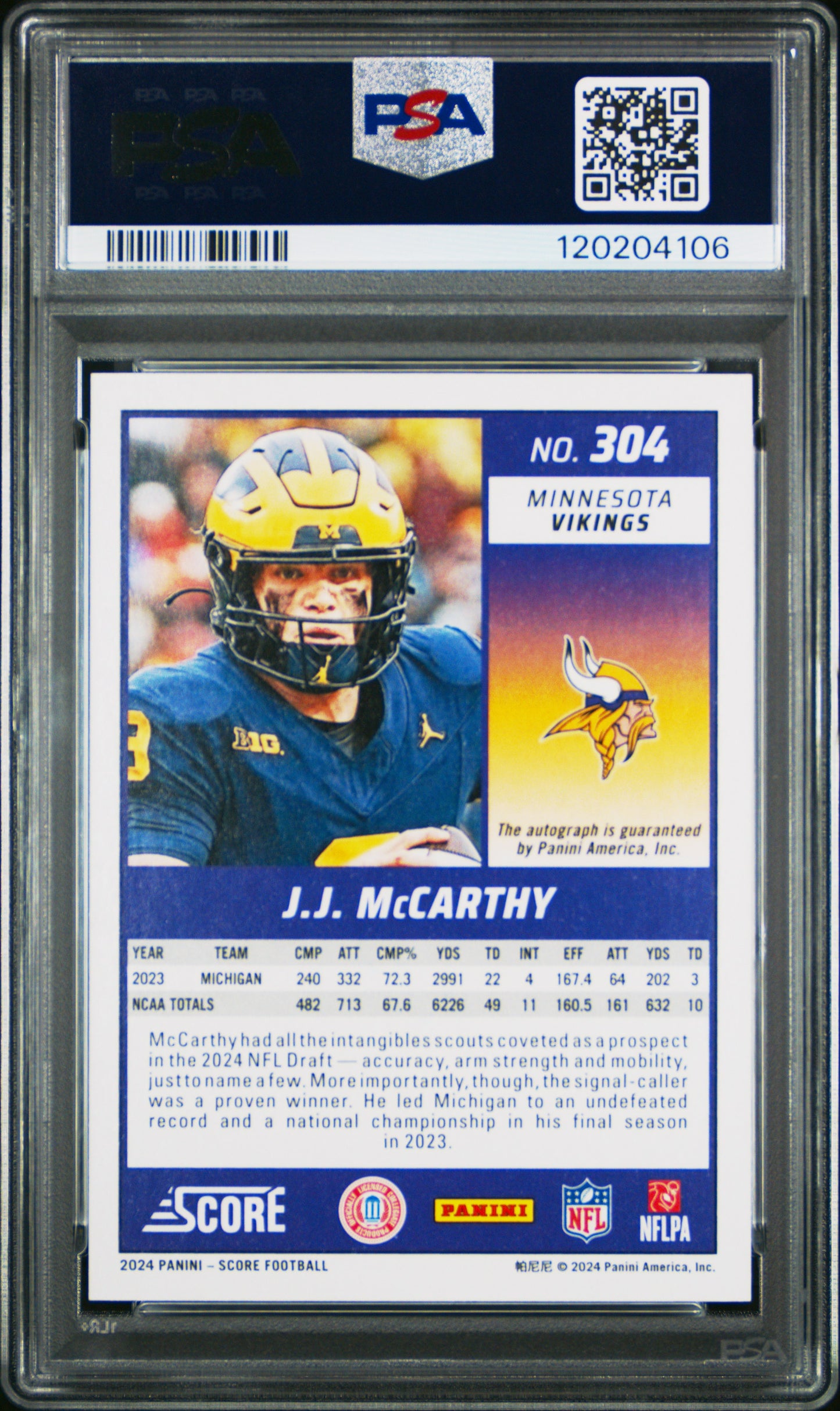 2024 Score JJ Mccarthy Rookie Auto PSA 9