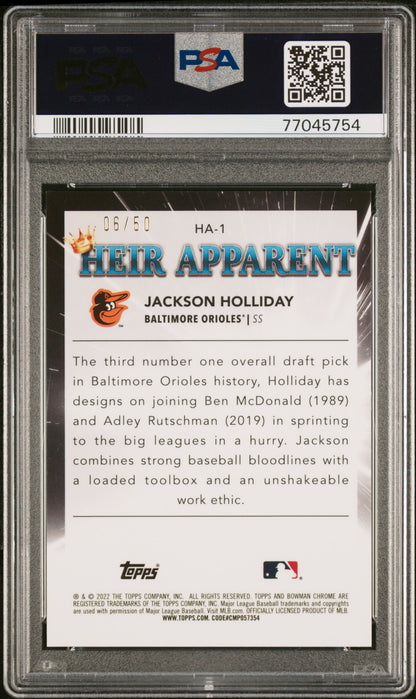 2022 Bowman Chrome Jackson Holliday Heir Apparent Gold /50 PSA 10 (crack)