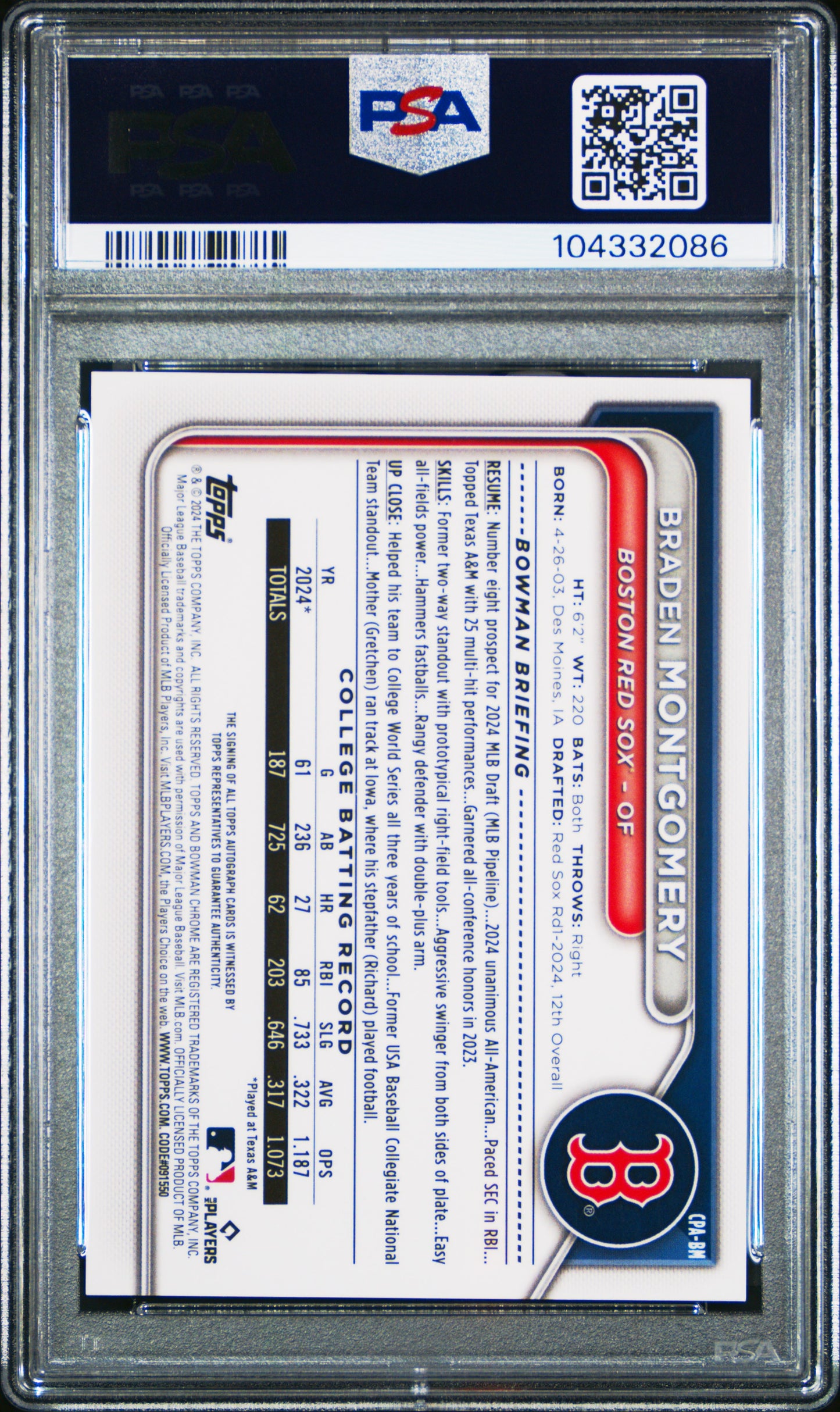 2024 Bowman Chrome Braden Montgomery Aqua Lava 1st Auto /199 PSA 10