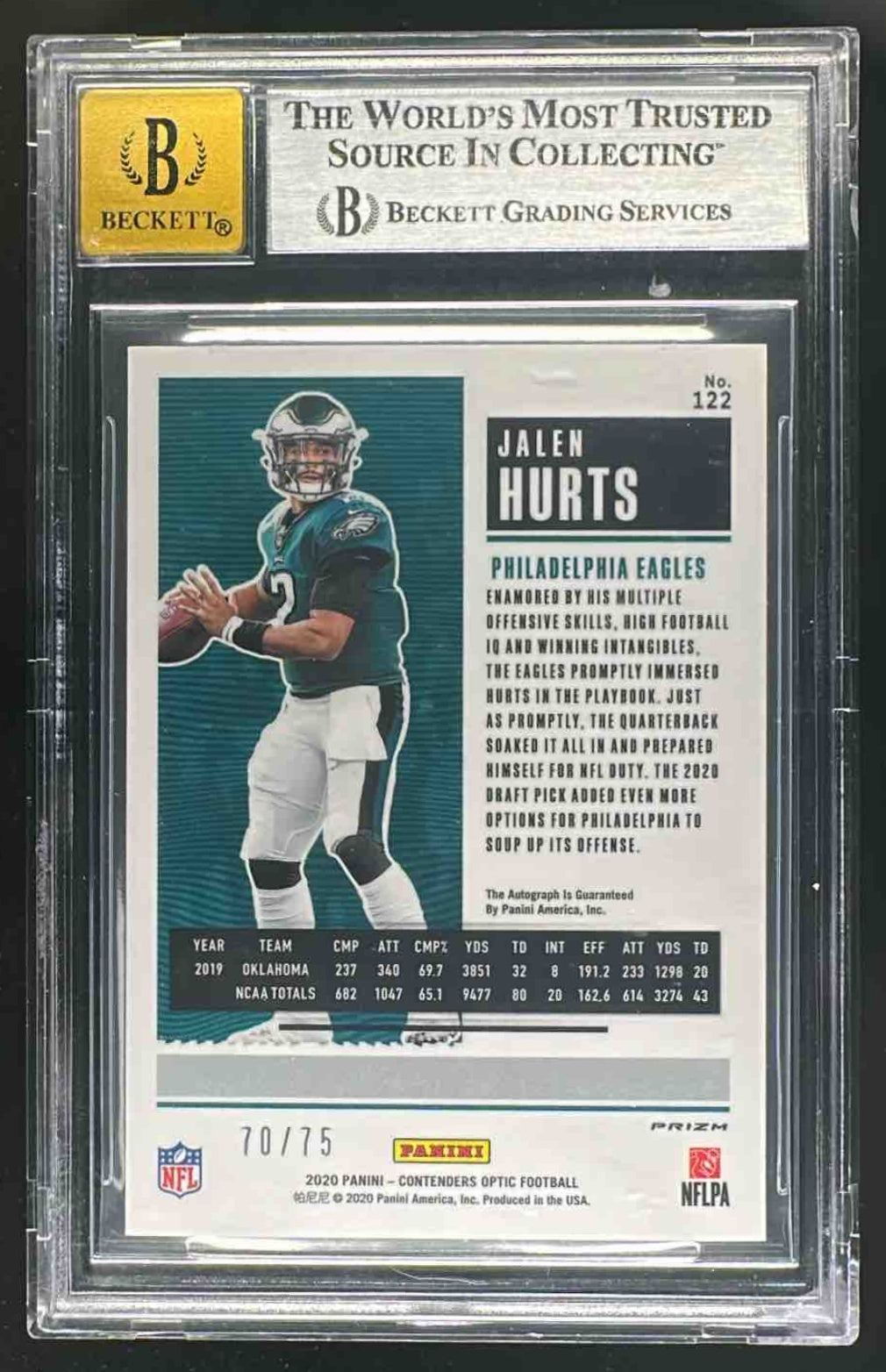 2020 Panini Contenders Optic Jalen Hurts Blue /75 Auto RC BGS 8.5 Cracked Slab