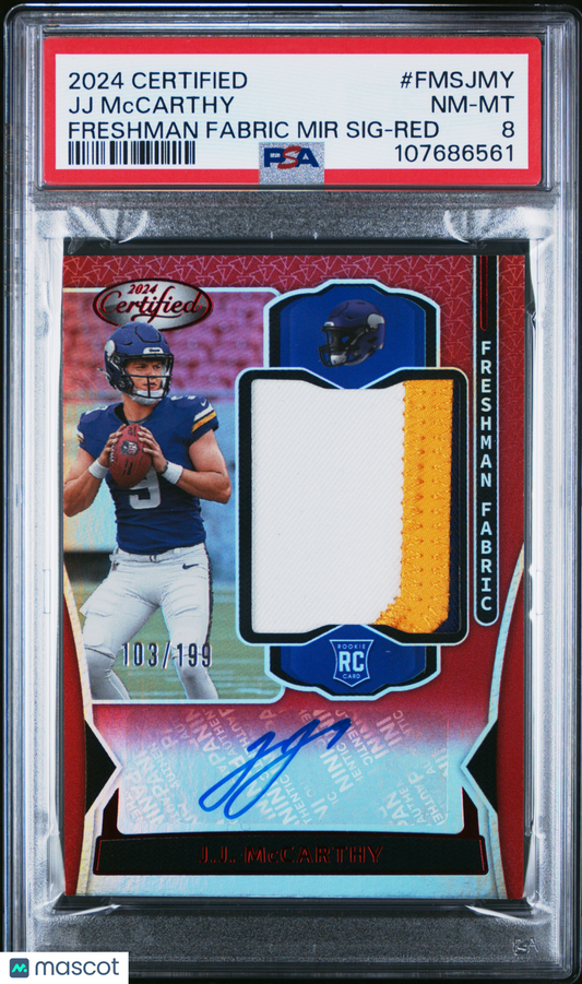 2024 Panini Certified J.J. McCarthy #FMS-JJH Fabric Red /199 RC Patch Auto PSA 8