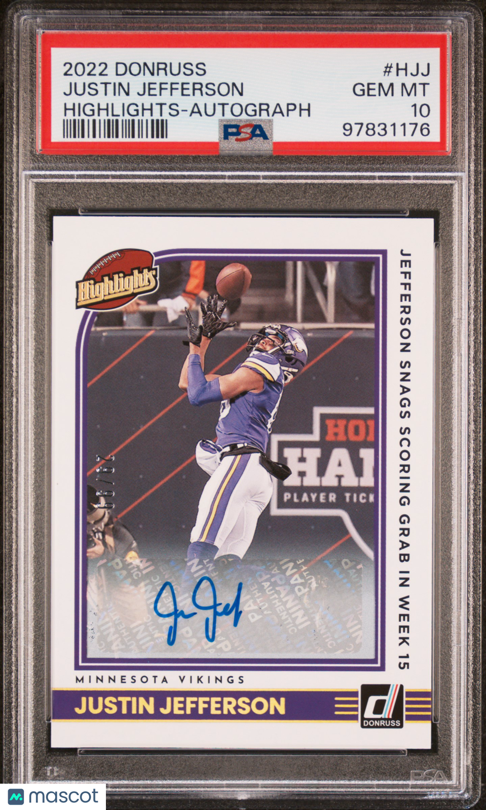 2022 Panini Donruss Justin Jefferson #H-JJ Highlights Auto /99 Vikings PSA 10