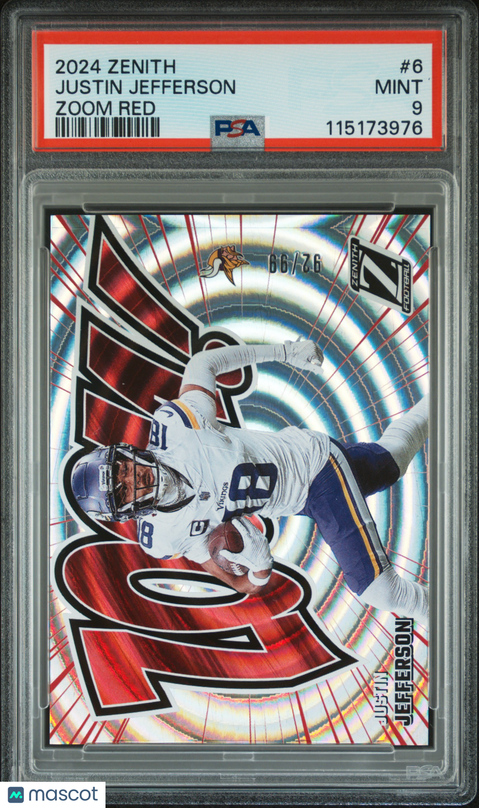 2024 Panini Zenith Justin Jefferson #6 Zoom Red 2/99 PSA 9