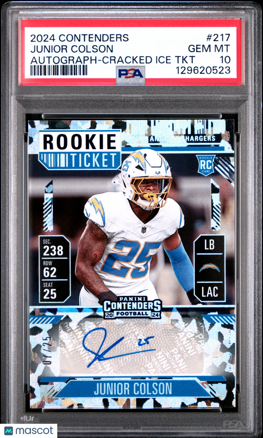 2024 Panini Contenders Junior Colson #217 Rookie Ticket Auto Cracked Ice /25 RC PSA 10