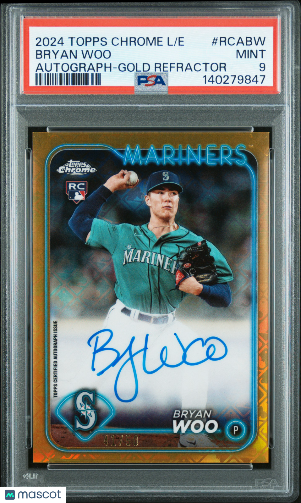 2024 Topps Chrome Logofractor Bryan Woo Refractor Auto Gold /50 RC PSA 9