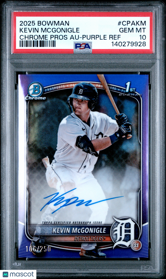 2025 Bowman Kevin McGonigle #CPA-KM Chrome Auto Purple /250 1st Prospect PSA 10