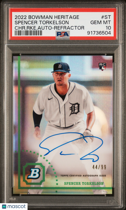 2022 Bowman Heritage Spencer Torkelson Green Refractor Auto Rookie /99 PSA 10