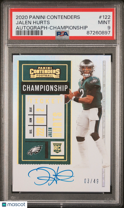 2020 Panini Contenders Jalen Hurts #122 Championship Ticket /49 Auto RC PSA 9