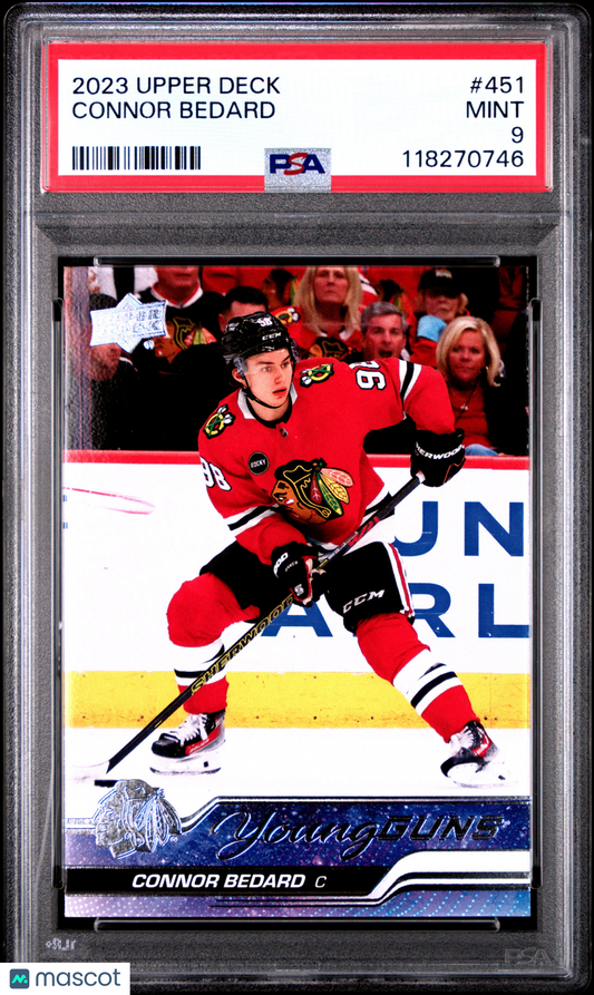 2023-24 Upper Deck Connor Bedard #451 Young Guns RC Blackhawks PSA 9