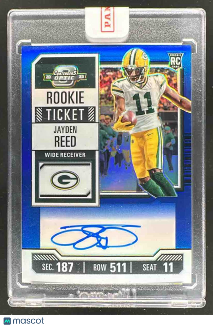 2023 Panini Contenders Optic Jayden Reed #118 Blue /75 Rookie Ticket RPS Auto RC