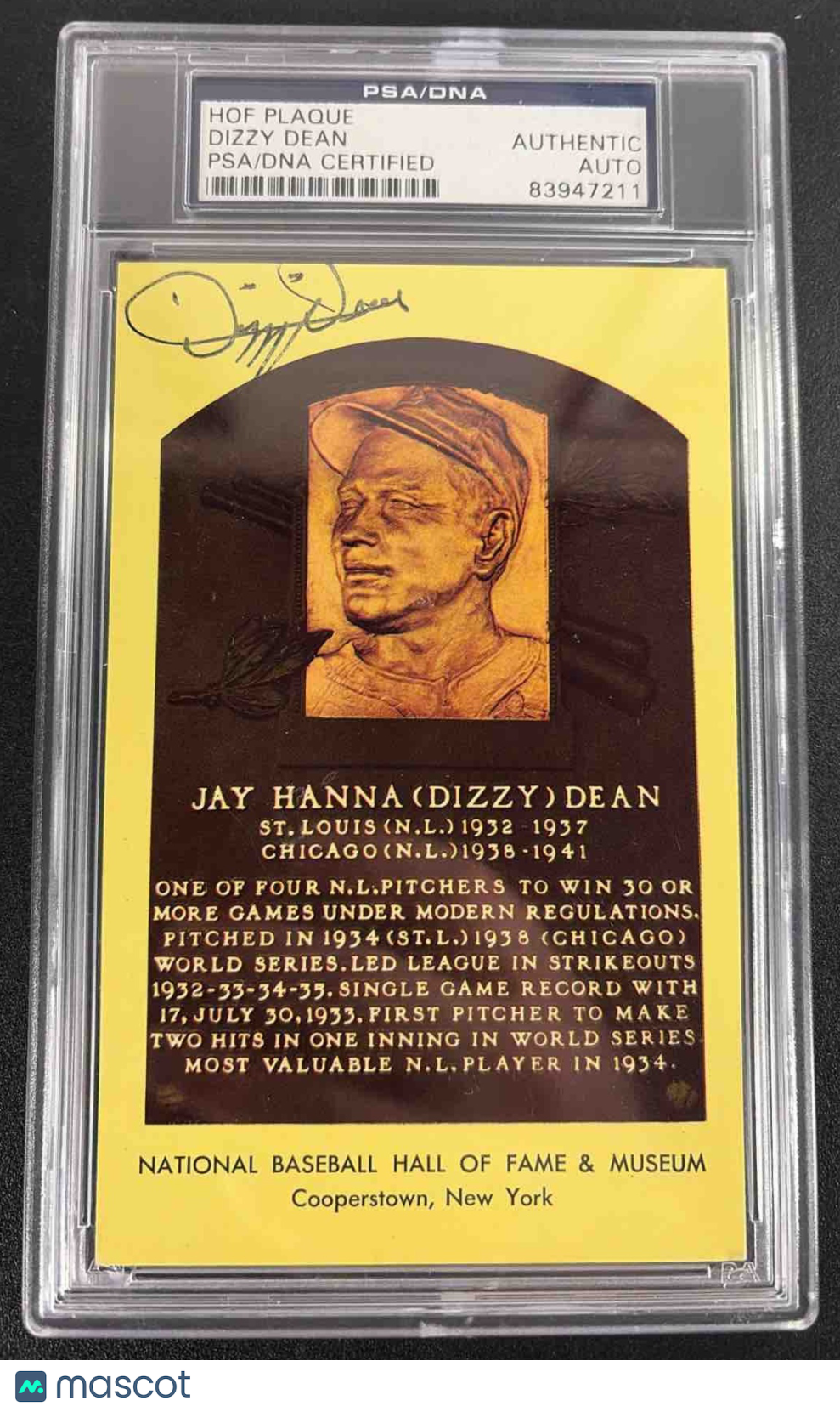 HOF Yellow Plaque Dizzy Dean Auto PSA/DNA Authentic