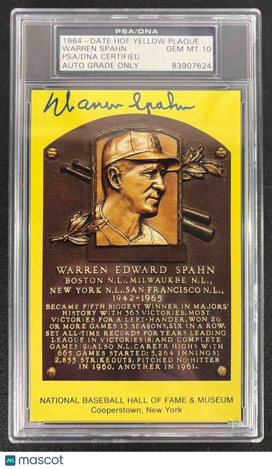 1964 Date HOF Yellow Plaque Warren Spahn Auto PSA/DNA 10